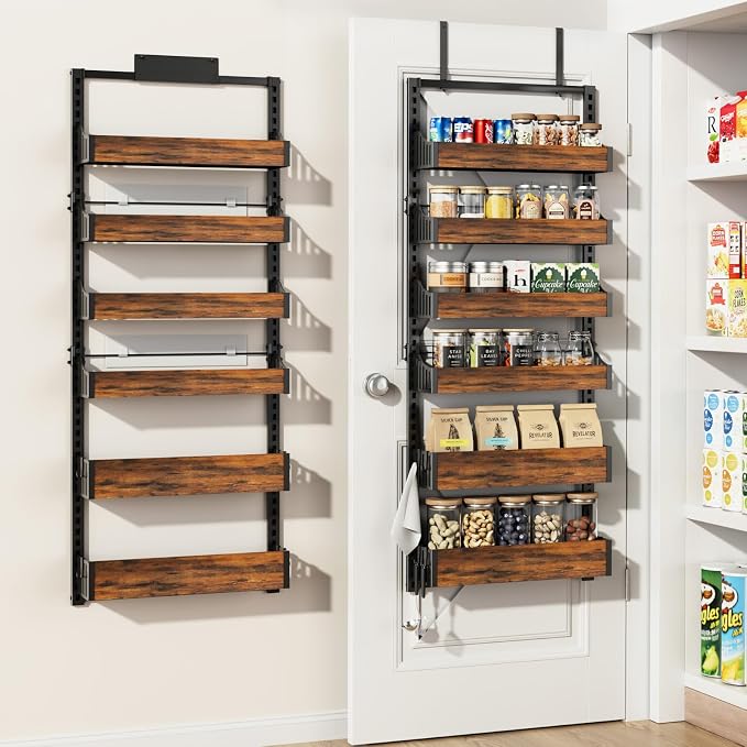 Over the Door Pantry Organizer: Storage and Pantry Organization with Hanging Basket - 6-Tier Metal Spice Rack Adjustable Shelves for Kitchen Laundry Room Bedroom & Bathroom Black