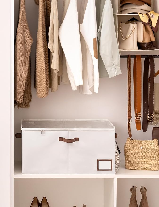 StorageWorks Large Shoe Storage for Closet, 16 Shoe Cubbies, Beige | Up to 20 Pairs, Fixed Compartments, Clear Lid, Label Window, Side Mesh Pocket, Soft Handles, Fits Flats, Sandals, For Mudroom