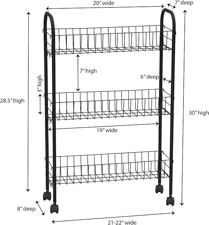 Household Essentials Matte Black Slim, 3 Shelf Storage Cart with Wheels