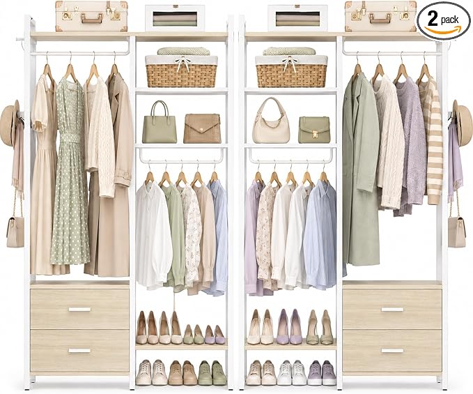 78.7'' Clothes Rack for Hanging Clothes - Reversible Clothing Rack with 4 Drawers, Heavy Duty Garment Racks with Shelves, 6 Tiers Freestanding Portable Closet Wardrobe System, Set of 2 White Oak