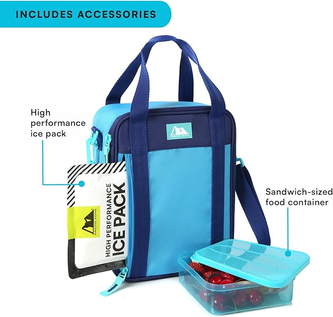 Arctic Zone Urban Lunch Box Combo for Kids with Gel Ice Pack and Sandwich Container, Insulated Bag for Travel Lunch with Adjustable Strap, True Blue