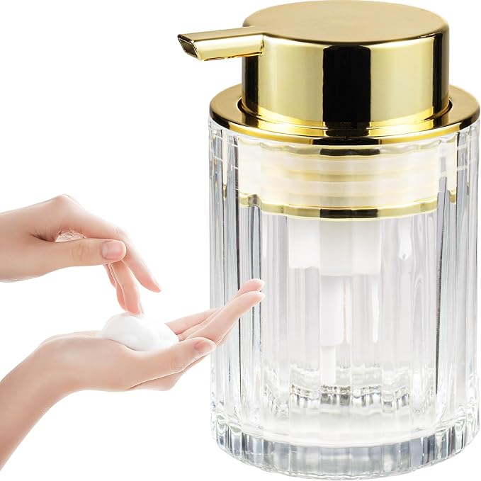 Amolliar Foaming Soap Dispenser, 8OZ Refillable Hand Soap Bathroom(Gold) | Refillable Clear Glass Soap Dispenser Plastic Soap Pump, Foam Soap Dispenser for Bathroom, Dish Dispenser, Home Decor(1 Pack)