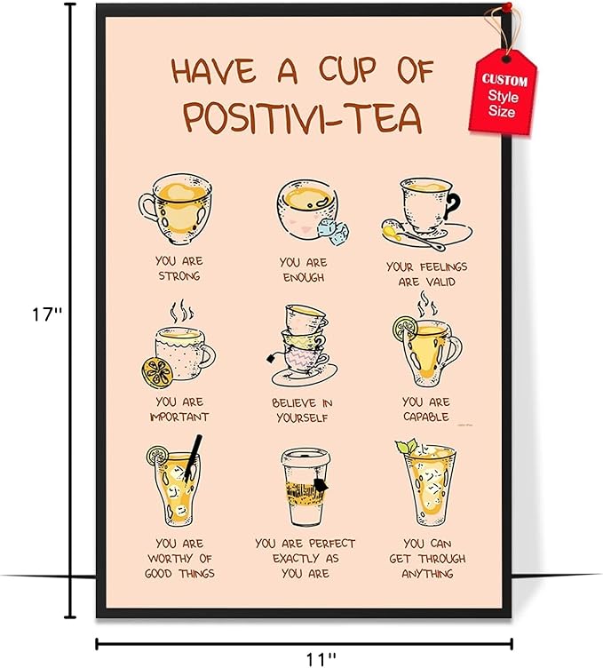 LOLUIS Mental Health Poster, Boho Therapy Tools Educational Supplies Art Print Classroom School Office Decor (Positivi-tea Poster, Custom Frame Type)