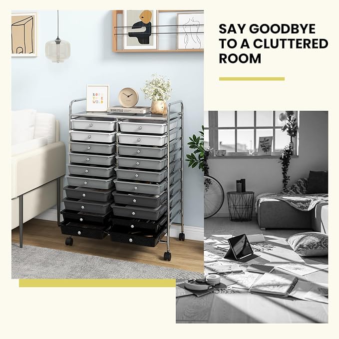 DREAMADE Rolling Cart with Storage Drawers, Utility Cart with Removable Plastic Drawers, Lockable Wheels, Art Cart for Classroom Organization Art Supplies Office Scrapbook (20 Drawers, Mixed-black)