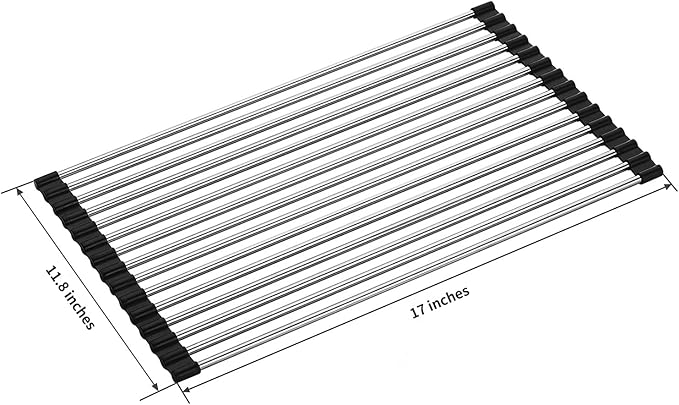 Roll up Dish Drying Rack RV Folding Over Sink 304 Stainless Steel in Kitchen Dish Drainer Heat Resistant Mat Multipurpose Portable Dish Trainer,Black,17x12inches