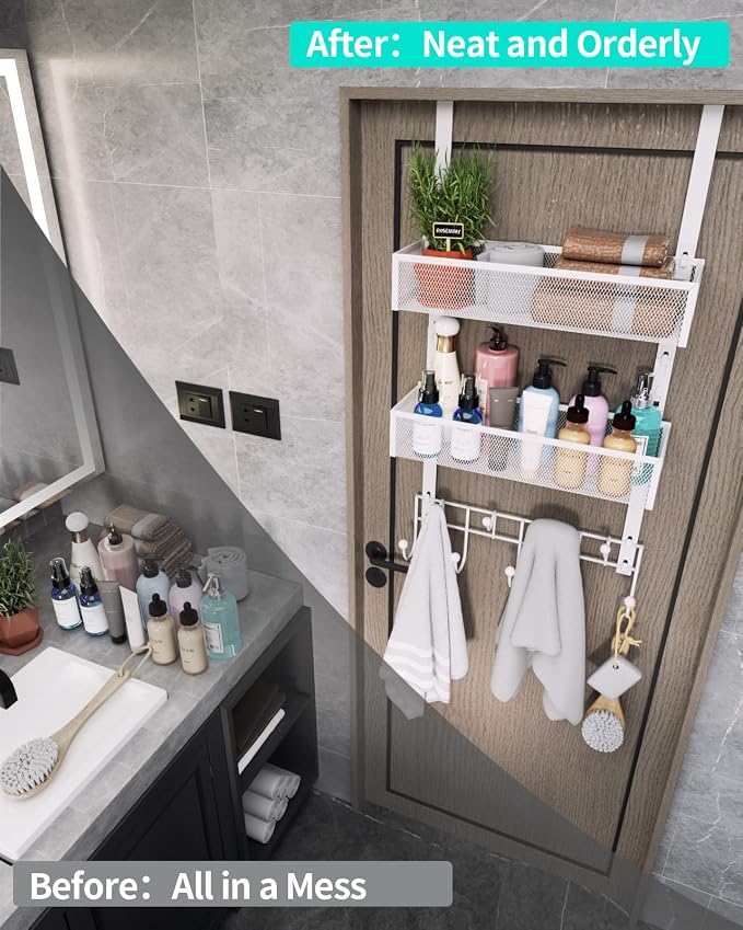 HapiRm Over The Door Organizer with Coat Hooks and 2 Baskets, Stainless Steel Rustproof Over The Door Hanger Hooks for Bathroom, Kitchen, Bedroom-White (for 1.76in Doors)