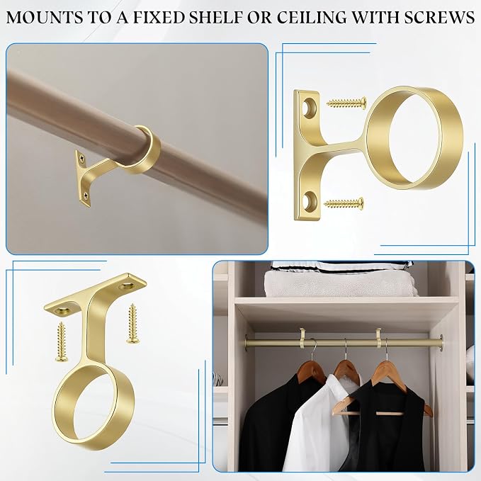 LEIFIDE 2 Pcs 1 5/16 Inch Diameter Round Wardrobe Closet Rod Suspended Center Support with Installation Screws Curtain Closet Rod Ceiling Mount Bracket for Home Wardrobe (Matte Brass)