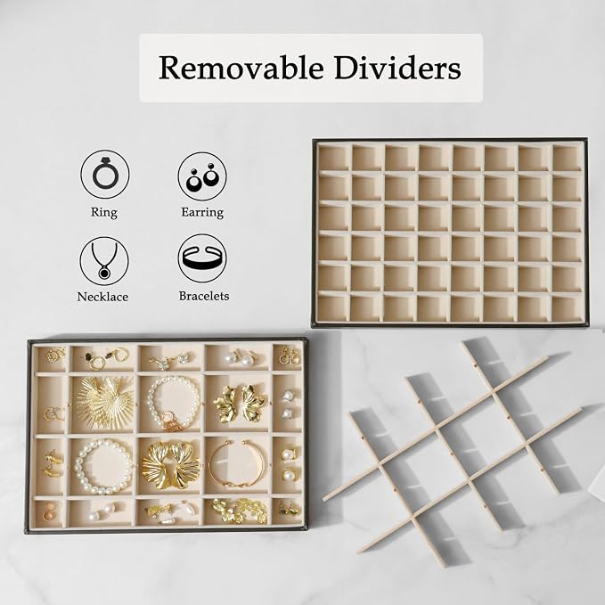 Large Jewelry Organizer Tray 2 Pack, Stackable Jewelry Storage Holder for Drawer Inserts, PU Leather Velvet Jewellery Display Case for Earring Bracelet Necklace Ring (Black Beige, 48 Grids)