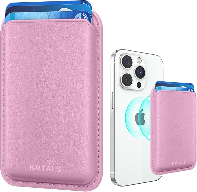Magnetic Wallet Cell Phone Card Holder for Phone Case with Mag-Safe, Stronger Magnetic RFID Leather Phone Wallet Stick on Series of iPhone 17/16/15/14/13/12 and Pro/Promax, Pink