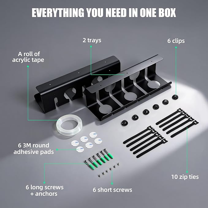 Cord Management Under Desk, 16.5" L x 4.7" W x 4.3" H, 2 Pack Under Desk Cable Tray, Wire Organizer for Power Strip, Tape Mount or Screw Mount, Easy Install Cord Raceway for Desk & Home