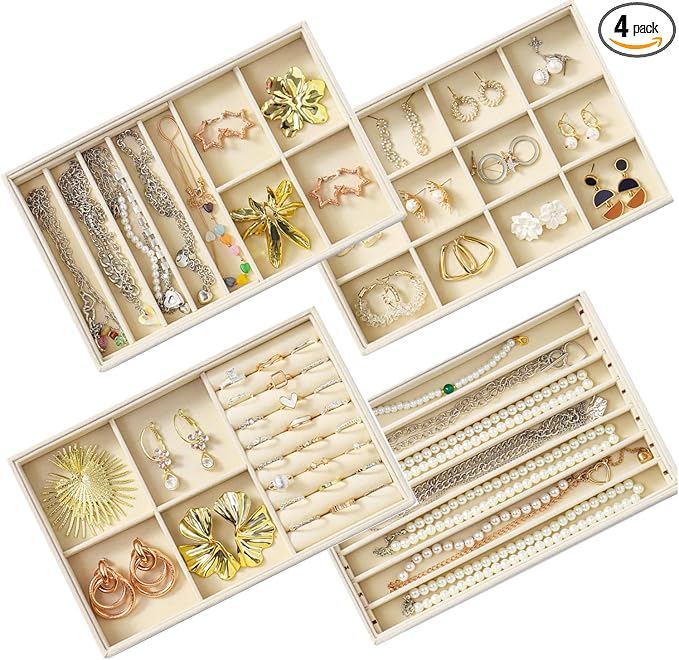 Jewelry Drawer Organizer Inserts Tray, Set of 4 Velvet Stackable Jewelry Trays for Earring Necklace Rings Bracelets Watch (Beige)