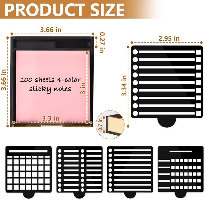 3" x 3" Sticky Notes Stencil and Holder Set with 5 Planner Stencils 100 Sheet Self-Stick Sticky Notes Black Acrylic Post It Note Stencil Holder Memo Organizer for Classroom Office Desk Organiz