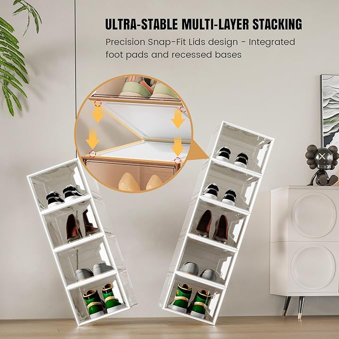 6 Pack Shoe Storage Box Organizer, Clear Thicken Stackable Plastic Shoe Boxes with Magnetic Door, Sturdy Shoe Containers for Sneakers Boots, Easy to Assemble, Fit up to US Size 12(13.2"×10.6"×7.5")