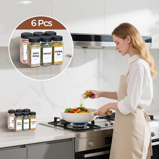 ComSaf Glass Spice Jars with with Labels 4 oz 6 Pack Small Square | Empty Containers, Seasoning Herb Powder, Salt Pepper Chili, Spice Rack Organization, Kitchen Cabinet Storage, Funnel Included