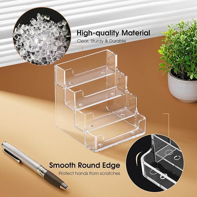 MaxGear Acrylic Business Card Holder, 320 Cards Capacity, 4 Pocket, 4 Pack | Clear Business Card Stand for Desk with 4 Tier, Clear Plastic Cards Display Holder for Exhibition, Home and Office