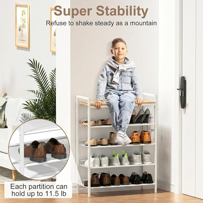 Refrze Shoe Rack for Front Door Entrance, 4 Tier Height-Adjustable Metal Shoe Rack, Sturdy Wooden Top and Tiltable Steel Frame Heavy Duty Shoe Organizer for Bathroom,Bedroom,Kitchen, Include Hook