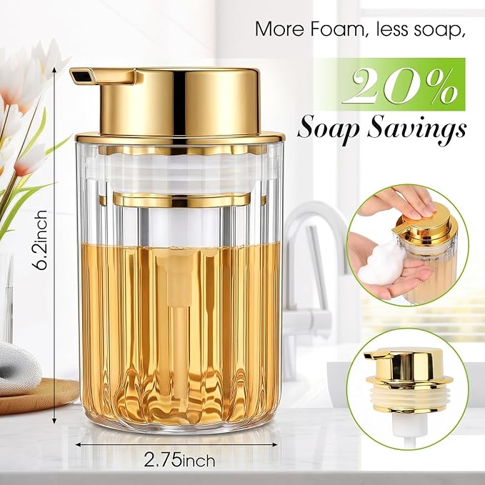 Potchen 2 Pcs Refillable Foaming Hand Soap Dispenser 10 oz Plastic Dispenser Pump Lotion Foaming with Silver Pump for Bathroom Vanities Kitchen(Gold)