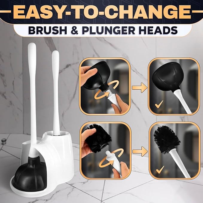 2 in 1 Toilet Plunger and Brush Set White - Toilet Brush and Plunger Set White with Stiff Bristles, Strong Vacuum Suction and Holder - Space-Saving Stand, Fits Most Standard Toilets, 6.4×5.5×17.1 inch