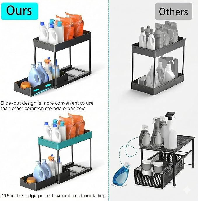 2-Tier Multi-Purpose Pull-Out Home Organizer – Under-Sink & Cabinet Sliding Storage for Kitchen & Bathroom – Durable, Space-Saving Design – Black (1-Pack)