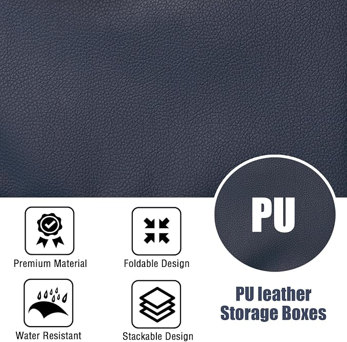 Storage Bins with Zipper Lid PU leather Storage Boxes Leather Fabric Collapsible Lidded Baskets Cube with Handle Decorative Shelves Closet Office Organizer Container(Dark Blue, Large Size)