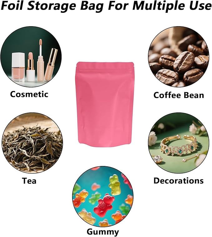 100PCS Smell Proof Resealable Pouch Bags,ULIFESTAR Aluminum Foil Flat Food Storage Bag,Sealable Pcsaging Zipper Pouches with Tear Notches for Pcsaging Lipgloss,Jewelry,etc(14*20cm/5.51*7.87",Pink)