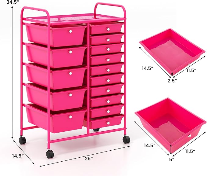 Moccha 15-Drawer Rolling Storage Cart - Under Desk Storage Drawers with wheels for Craft Art Supply Paper Salon, Scrapbook Paper Tools, Mobile Utility Cart for Classroom (15 Drawers, Hot Pink)