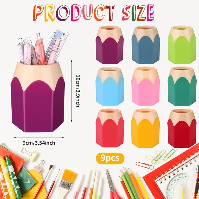 9 Pcs Pencil Shaped Pen Holders Pencil Storage Organizer Cute Plastic Pencil Holder for Desk Desktop Pen Cup Colorful Vase Pen Pot Makeup Brush Container Cartoon Stationery Rack for Office