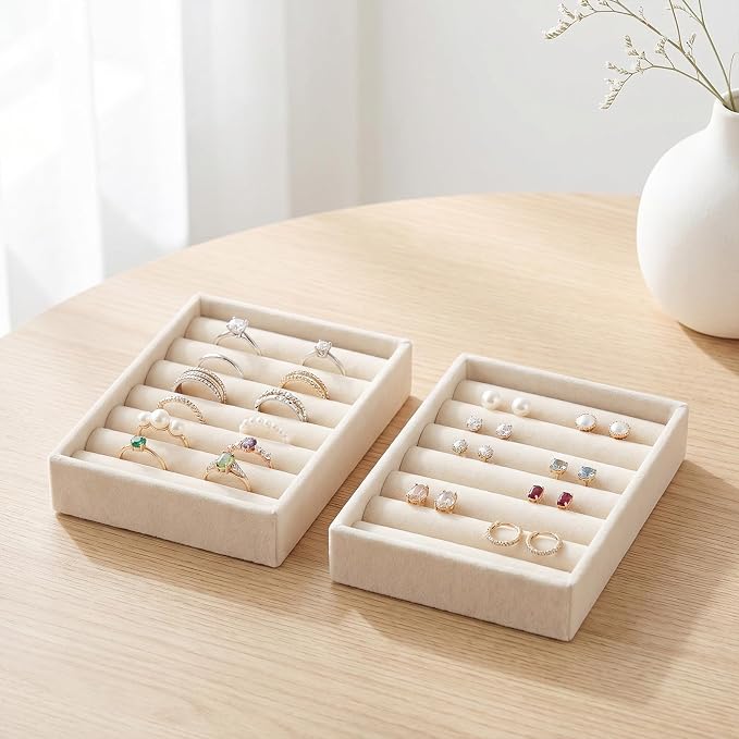 Small Jewelry Tray Set Velvet Ring Organizer Mini Jewelry Drawer Organizer Stackable Jewelrys Organizers Earrings Display Tray Storage Insert Holder for Box Drawer Dresser (Modern)