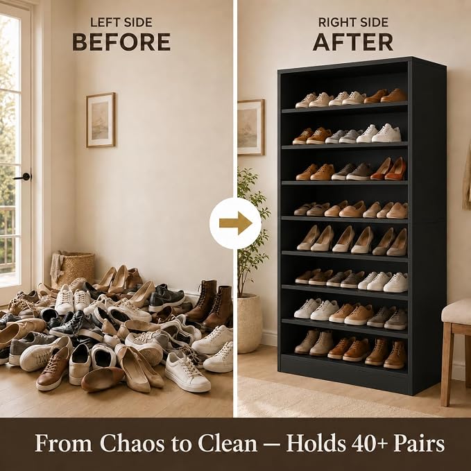 Homieasy 9-Tier Tall Shoe Rack Cabinet for Closet & Entryway, Black | Wooden Narrow Shoe Organizer Cabinet with Adjustable Shelves, Freestanding, for Bedroom, Hallway