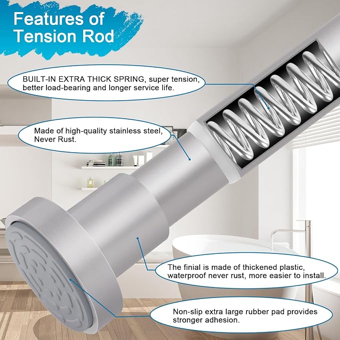 YNL Silver Shower Curtain Rod 32-94 Inch(2.7-7.8ft), Non-Slip, Never Rust, Stainless Steel No Drill Spring Tension Shower Rod, Adjustable Long Curtain Rod for Bathroom Window Patio