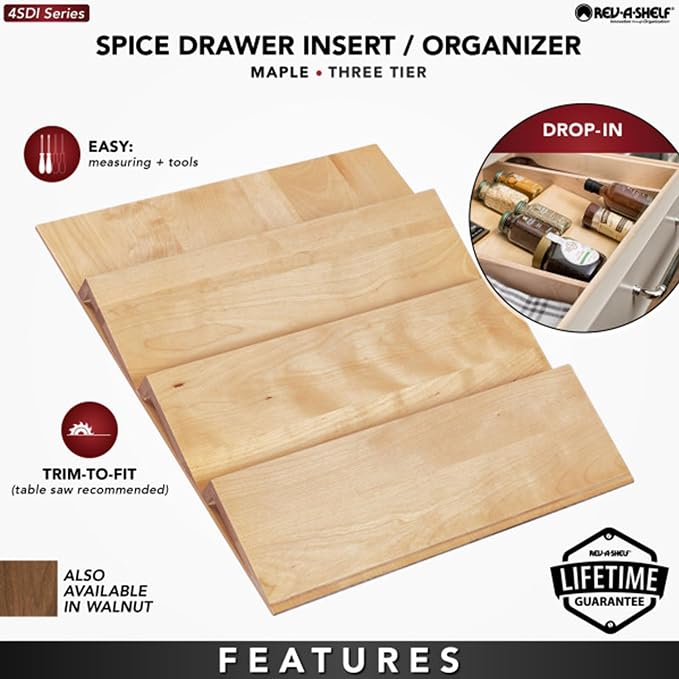 Rev-A-Shelf 3-Tier Wood Trim-to-Custom-Fit Spice Rack Drawer Insert, 16" x 19.75", Maple - Drop-In Seasoning Jars Storage Tray Organizer for Kitchen Cabinet and Pantry Organization, 4SDI-18