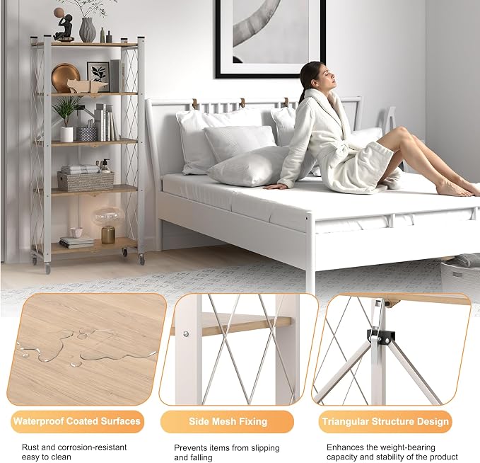 5-Tier Foldable Storage Shelves with Wheels | Portable Structure, Suitable for kitchen, bedroom, living room, bathroom, garage, wood grain transfer, 59*26*13in