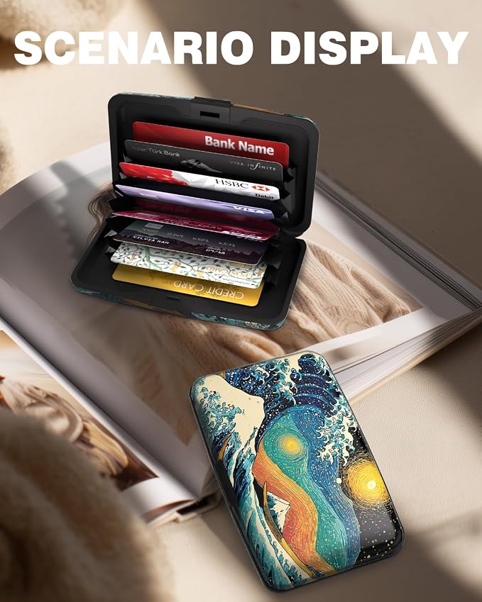 Maicican Credit Card Holder, Mini RFID Blocking Aluminum Wallet | Slim Metal Hard Case Travel Wallet ID Case for Women and Men, 4.3 x 2.9 Inches, Giant Waves