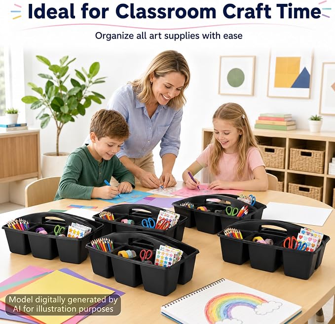 6 Pack Assorted Colors 6 Compartment Classroom Caddy with Handle Portable Plastic Storage Classroom Caddies Organizer for Classrooms Supply Teacher Office Table Desk(Black)