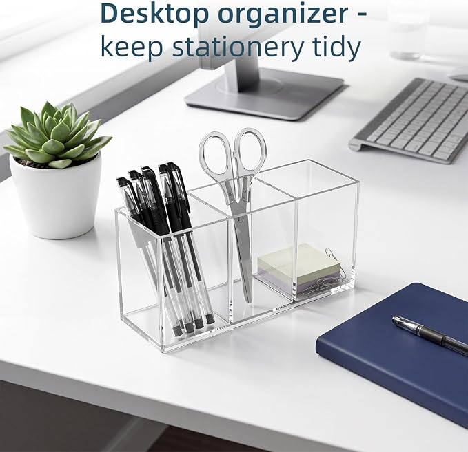 Clear Acrylic Pencil Holder, 3 Compartment Cup Pen Holder for Desk | Desk Organizer for Office School, Makeup Brush Holder for Girls