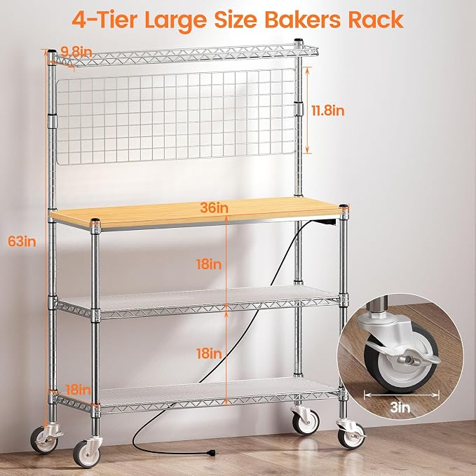 Bakers Rack with Power Outlet & Storage,36In Microwave Stand Kitchen Cart | 4-Tier Metal Kitchen Shelves Cart with Wheels & 20 S-Hooks for Kitchen, NSF Certified, 63 x 18 x 36 Inch-Chrome