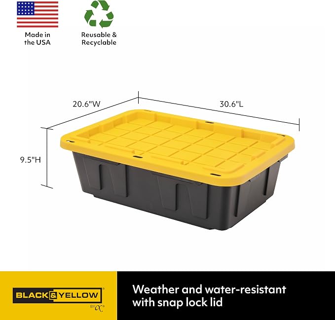 CX BLACK & YELLOW�, 15-Gallon Heavy Duty Tough Storage Container & Snap-Tight Lid, (9.5�H x 20.6�W x 30.6�D), Weather-Resistant Design and Stackable Organization Tote [5 Pack]