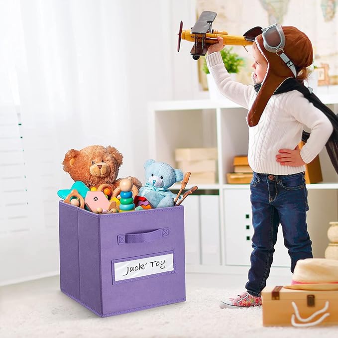 13x13x13 storage cube bins(Set of 8) Fabric storage cubes with 8 Labels Window Cards & a Pen, storage cubes 13x13, Collapsible 13 inch cube storage bins, Cubby Organizer Boxes, Purple