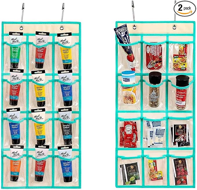 2 Pcs Classroom Pocket Chart Cell Phone Organizer Calculator Holder Over The Door Hanging Storage for Sock Underwear Jewelry with 12 Clear Pockets (Beige)