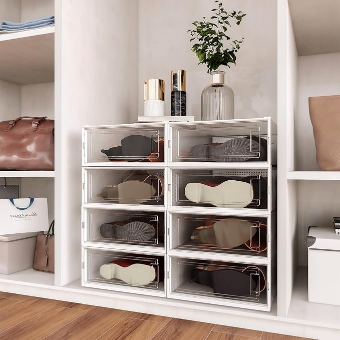 8-Piece Boot and 12-Piece Shoe Storage Box, Stackable Clear Plastic Shoe Box, Space-Saving Shoe Organizer for Boots, Sneakers, and High Heels, Clear