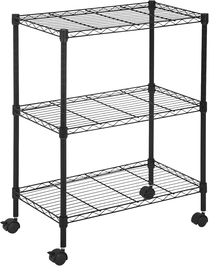 3-Tier Metal Wire Shelving Unit with Wheels, Heavy Duty Adjustable Storage Rack (450 lbs Capacity), Small Utility Organizer for Kitchen Pantry, Garage, Laundry Room, 23"W x 13"D x 31.3"H