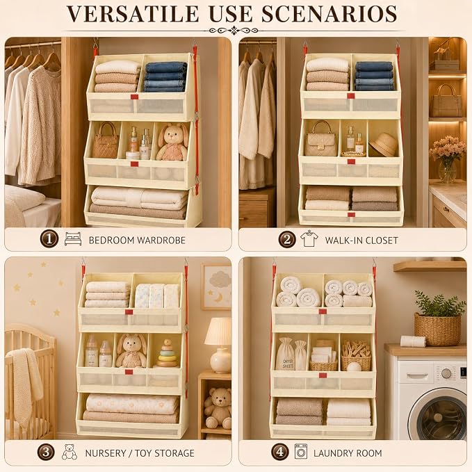 Fabric Hanging Closet Organizer Heavy Duty Shelf Hanging Storage Towel Clothes Sweater Jeans Bag Organizer For Closet For Bedroom,Dorm,RV,See Through Front Panel, Space-Saving (Beige-3Tier Extra Wide)