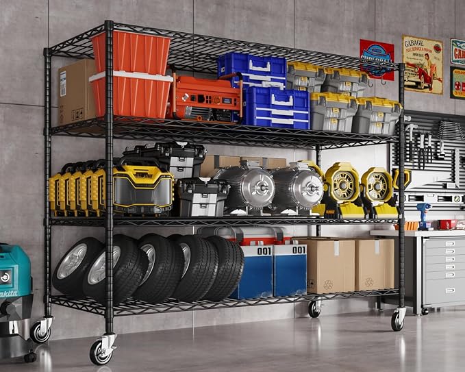 Heavy Duty Garage Shelving with Wheels: 55.5" W x 24" D x 81" H 4 Tier Wire Metal Storage Shelves, Adjustable NSF Commercial Shelf, Rolling Tote Rack Organizer for Pantry, Warehouse, 6PCS