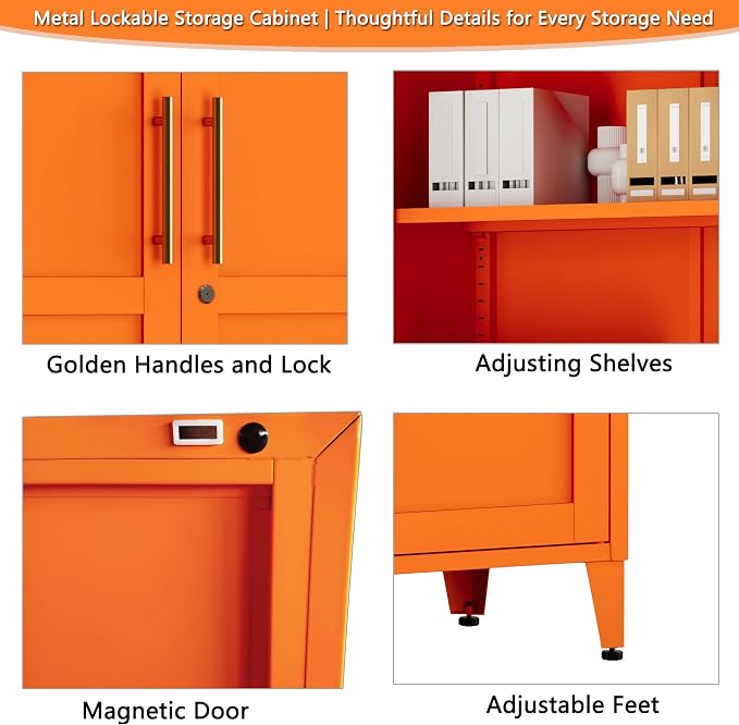 Heavy Duty Metal Cabinet with 3 Adjustable Shelves, Lockable Double Door Storage Locker, 61" Tall Utility Closet for Living Room Home Office Orange 61" H X 27.6" W X 13.8" D