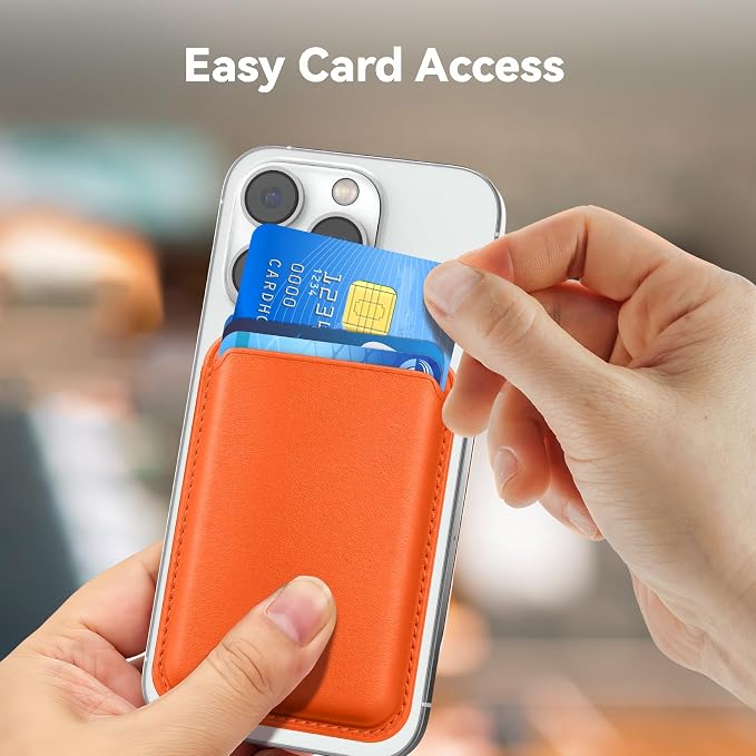 Stronger Magnetic RFID Leather Mag-Safe Card Holder for iPhone 15 Series, Mag-Safe Accessories Stick on Series of iPhone 17/16/15/14/13/12 and Pro/Promax, Orange