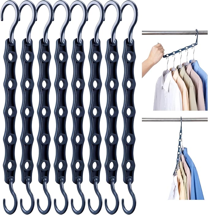 HOUSE DAY Space Saving Hangers 10 Pack, Closet Organizers and Storage | Sturdy Cascading Hangers with 5 Holes for Heavy Clothes, Multi Hangers in One, College Dorm Room Essentials - Misty Blue