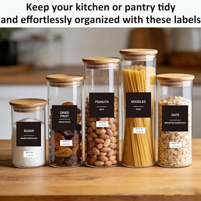300pcs Pantry Labels for Food Containers, Preprinted Minimalist Waterproof Stickers Removable Black Kitchen Food Labels Expiration Date Labels for Organizing Storage Bins Jars Bottles Boxes