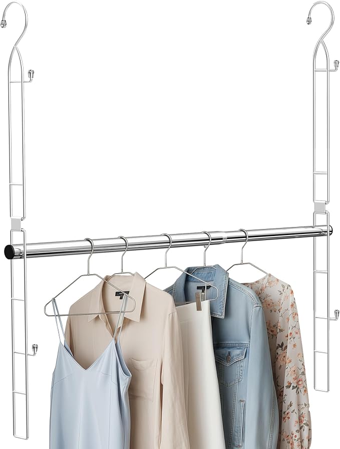 Supforce Hanging Closet Rod with Side Hooks, Adjustable Height & Width | Stainless Steel, Expand Closet Space, Adjustable Fit for Any Closet, 88 lb Heavy-Duty Capacity, Tool-free Install, 1 Pack