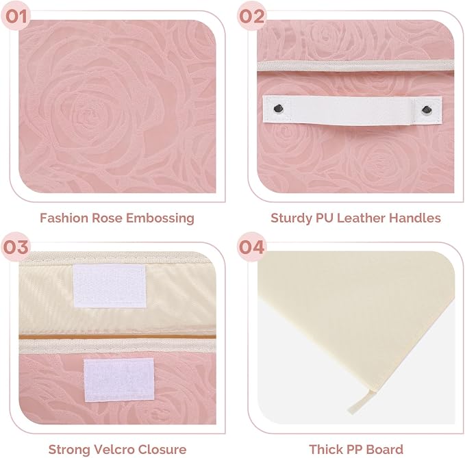 Lucky Monet Cute Storage Bin Boxes with Lids Washable Decorative Storage Boxes Pink Lidded Storage Baskets Collapsible Fabric Box Cubes with PU Leather Handles for Shelf Closet, 1 Pack Pink, Large