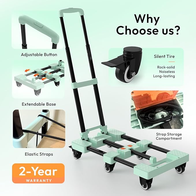 Voipvvii Folding Hand Truck 500lbs, Portable Heavy Duty Dolly Cart, 6 Wheels Collapsible Luggage Cart with 2 Elastic Ropes - Compact Trolley Cart for Easy Moving - Ideal Hand Cart for Travel and More